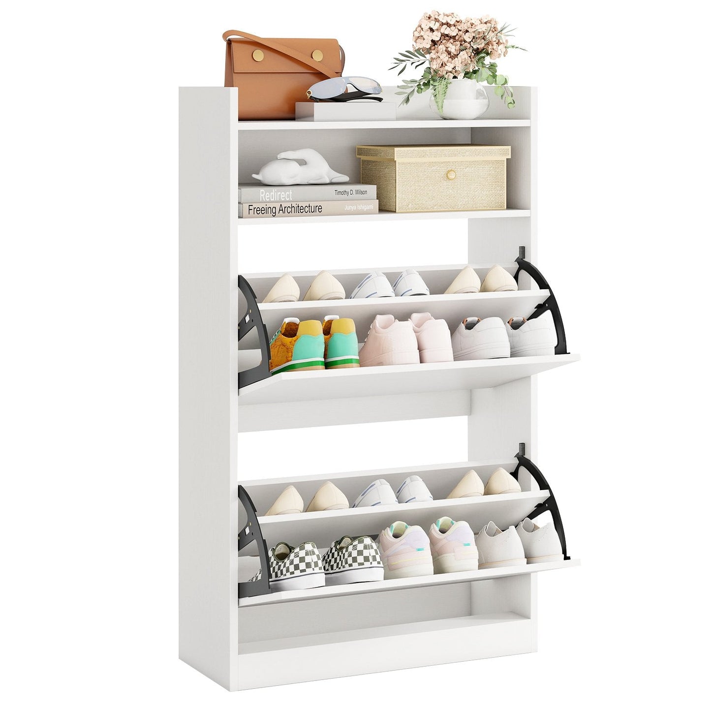 Shoe Storage Cabinet with 2 Flip Drawers and Open Storage-White
