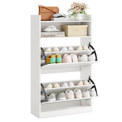 Shoe Storage Cabinet with 2 Flip Drawers and Open Storage-White