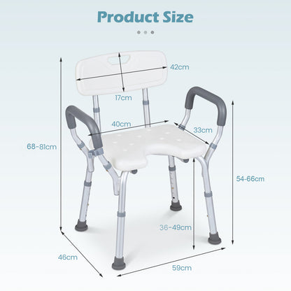 Shower Chair Height Adjustable with Backrest and Padded Armrests-Silver