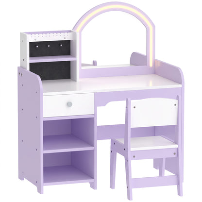 AIYAPLAY Kids Vanity Set, Kids Dressing Table with Stool, 2-Colour Lights Mirror, Pretend Dresser Gift for Ages 3-8, Purple
