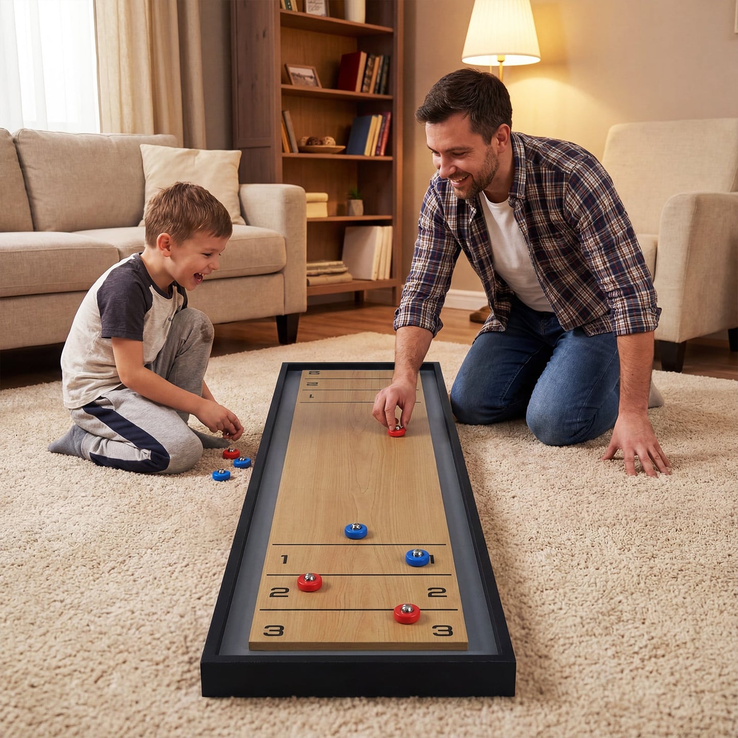 Shuffleboard and Curling 2 in 1 Board Game with 8 Rolling Pucks