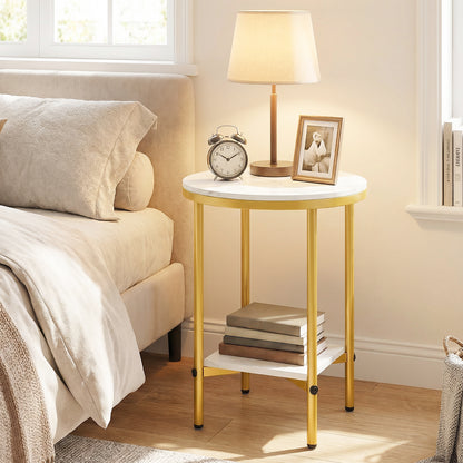 Side Table Modern Round End Table with Faux Marble Top and Bottom Storage Shelf-White