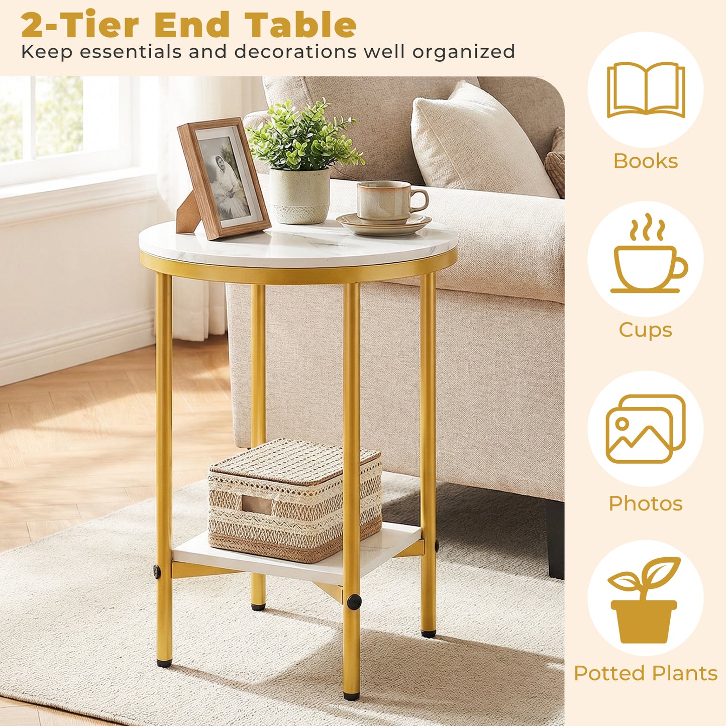 Side Table Modern Round End Table with Faux Marble Top and Bottom Storage Shelf-White