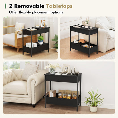 Side Table with 2 Storage Shelves and 2 Removable Tabletops for Living Room-Black