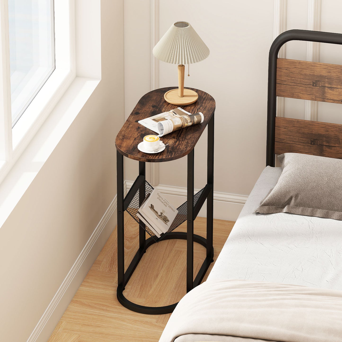 2-Tier Narrow Side Table with Magazine Holder for Living Room Bedroom-Rustic Brown