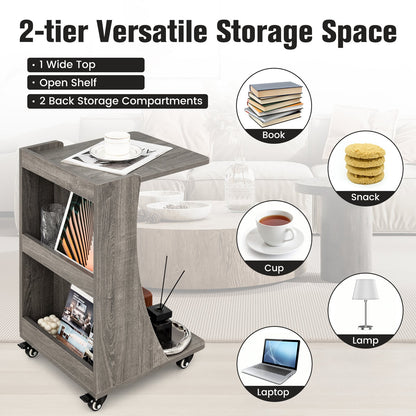 C-Shaped Side Table with Storage Shelf for Bedroom and Living Room-Grey