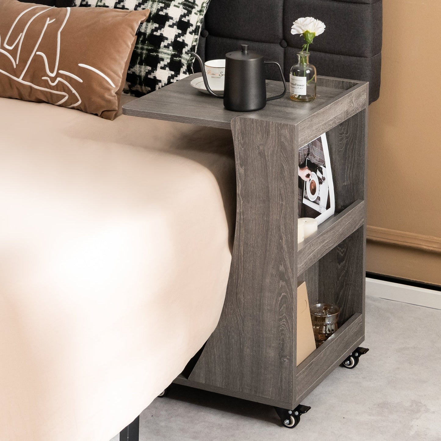 C-Shaped Side Table with Storage Shelf for Bedroom and Living Room-Grey