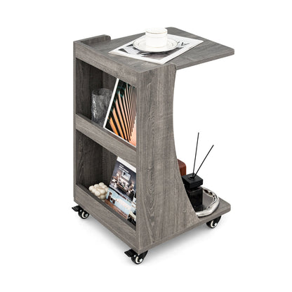 C-Shaped Side Table with Storage Shelf for Bedroom and Living Room-Grey