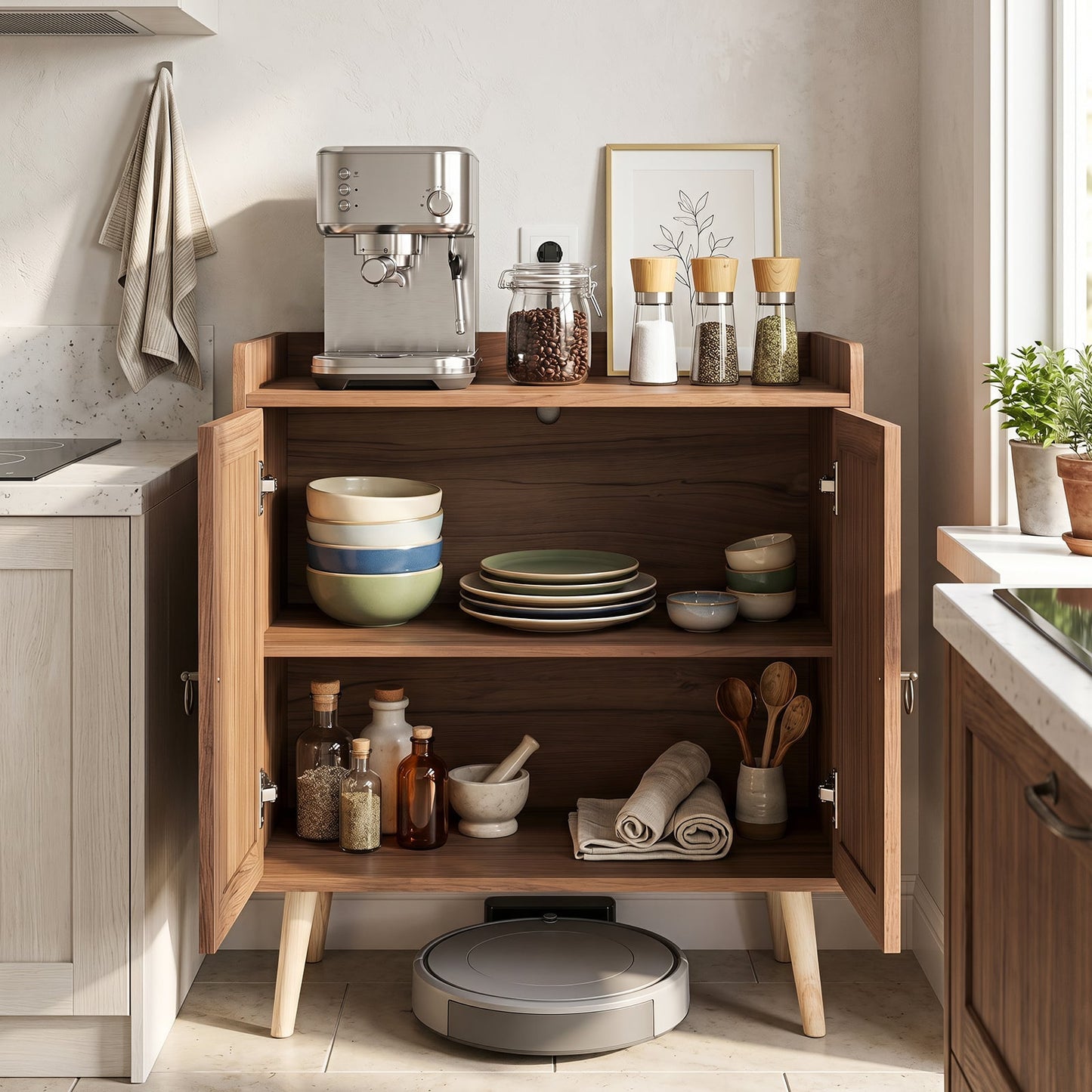 Sideboard Buffet Cabinet with 2 Doors Adjustable Shelf and Pine Wood Legs-Brown