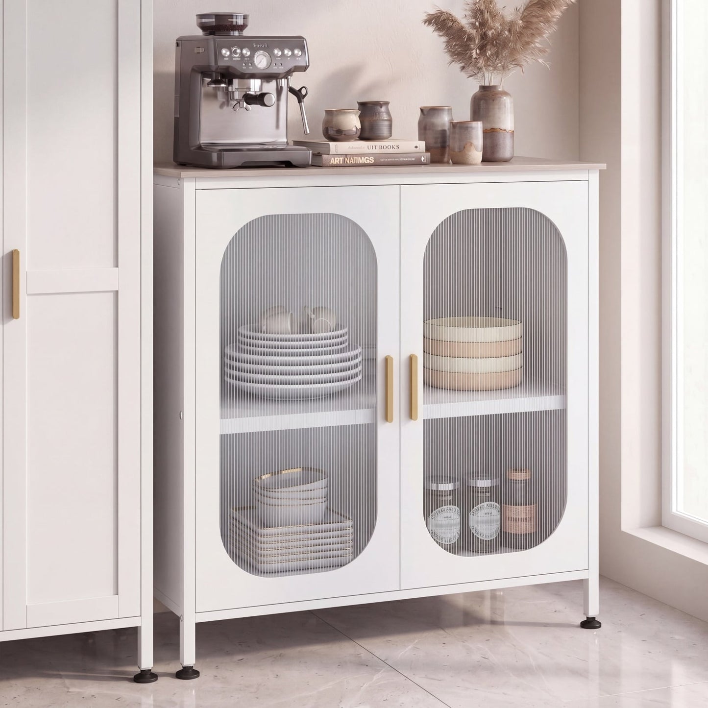Sideboard Buffet Cabinet with Adjustable Shelf & 2 Translucent Doors for Dining Room-White