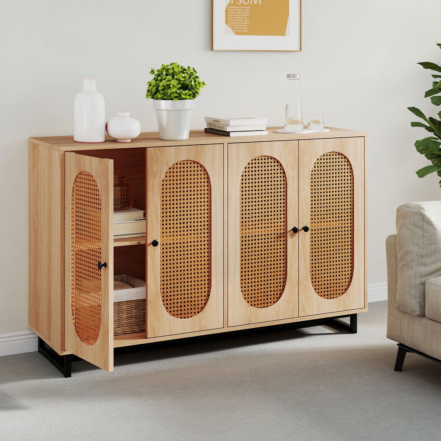 126cm Sideboard Buffet Cabinet with 4 Doors and Adjustable Shelves-Natural