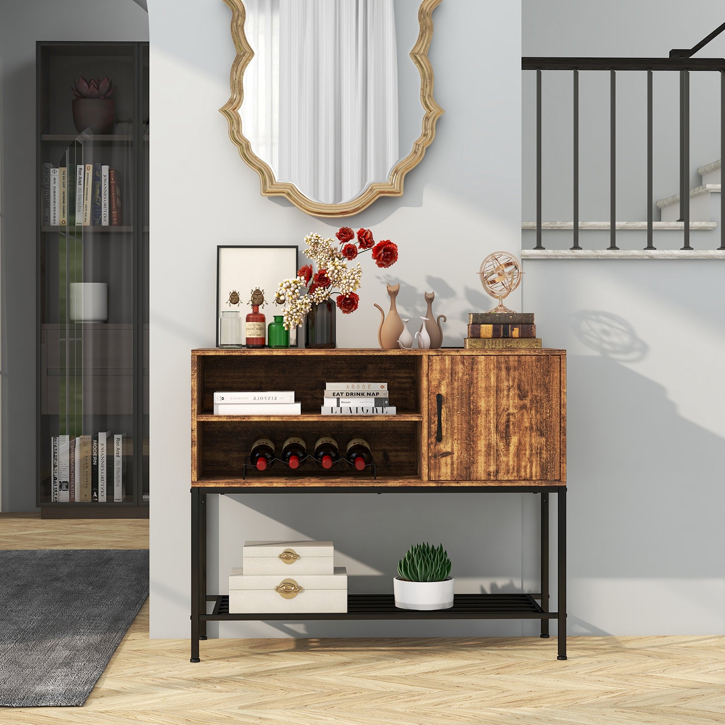 Sideboard Buffet Cabinet with Wine Racks and Storage Shelves-Rustic Brown