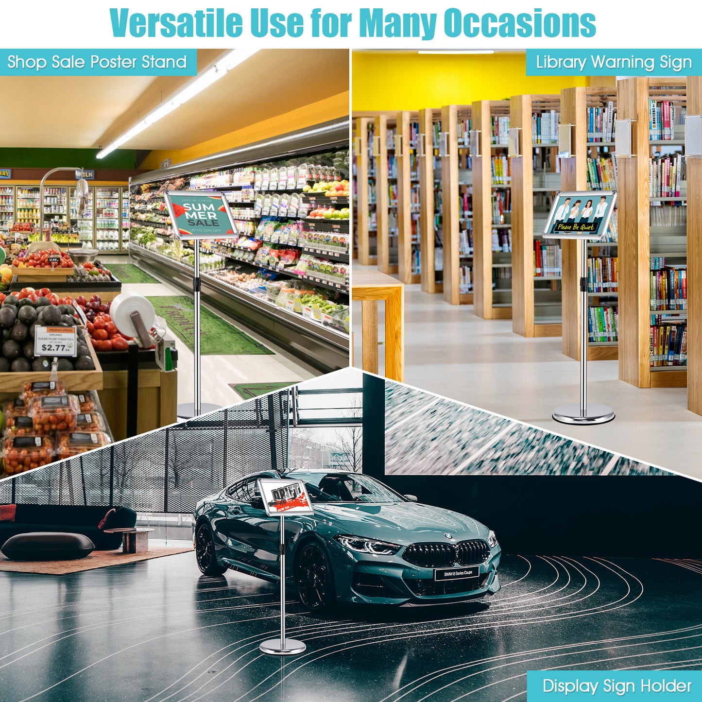 360 Degrees Rotatable A4 Poster Stand with Adjustable Height-Silver