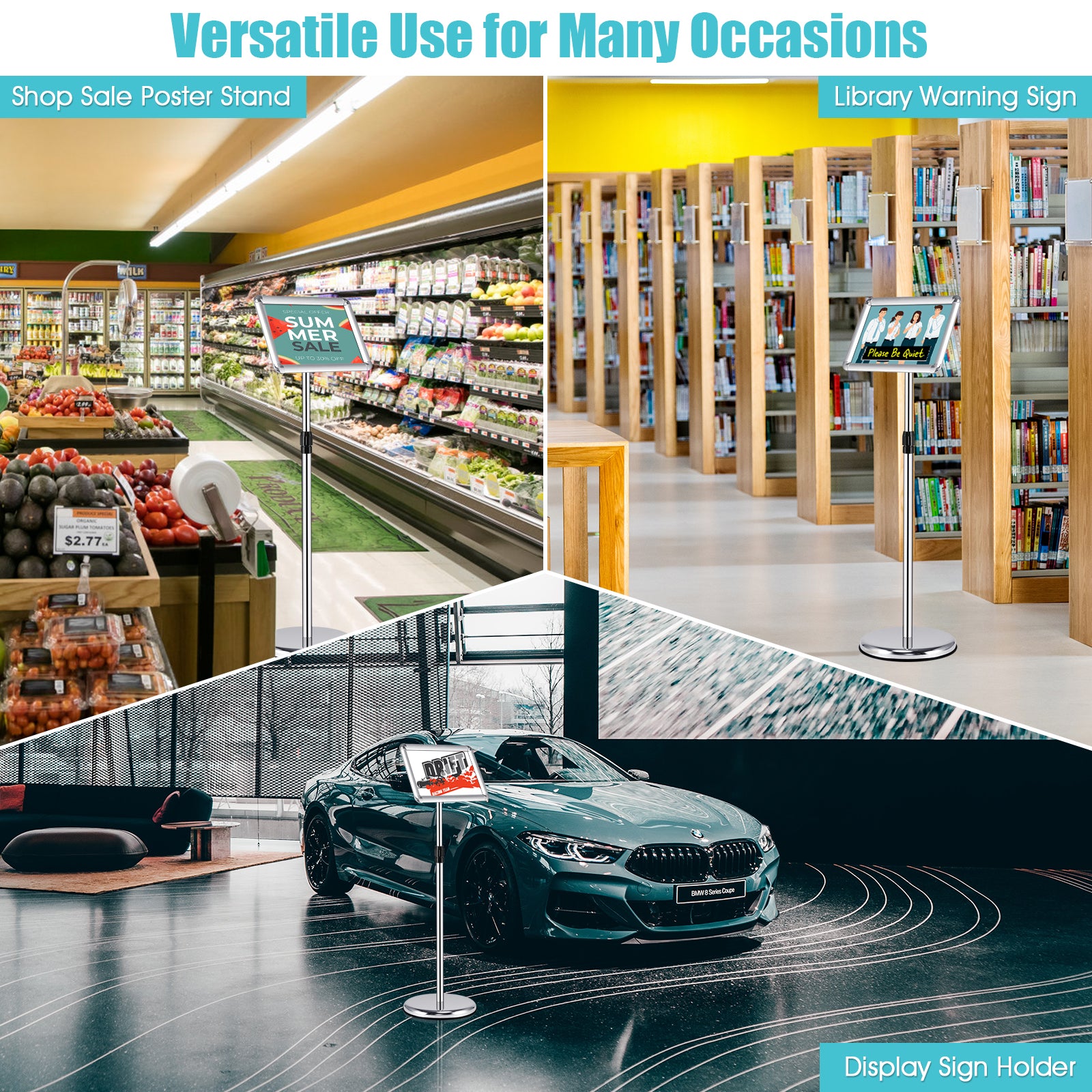 360 Degrees Rotatable A4 Poster Stand with Adjustable Height-Silver