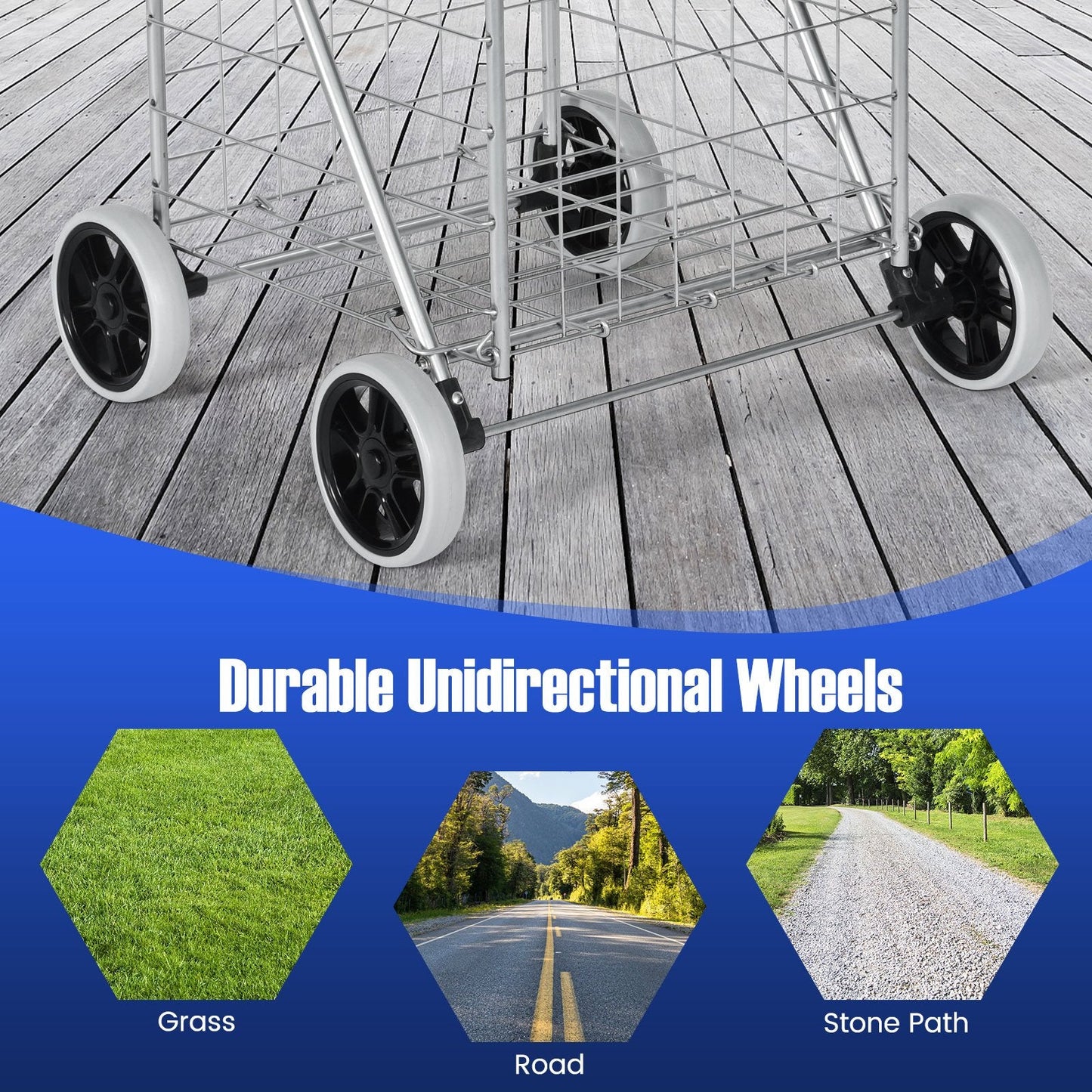 Heavy Duty Folding Shopping Cart with 83L Metal Basket-Silver