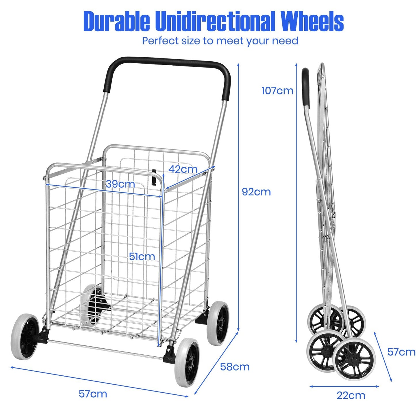 Heavy Duty Folding Shopping Cart with 83L Metal Basket-Silver