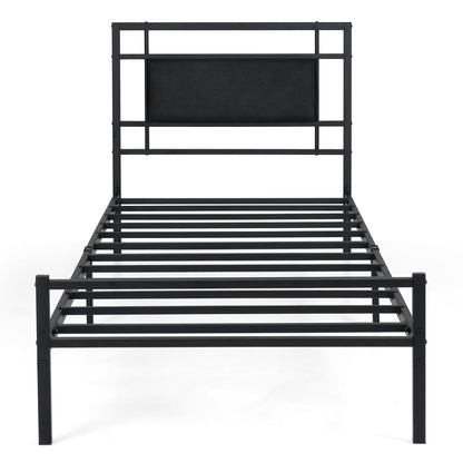 Single Bed Frame with Upholstered Headboard and Metal Slat Support-Black Single Size
