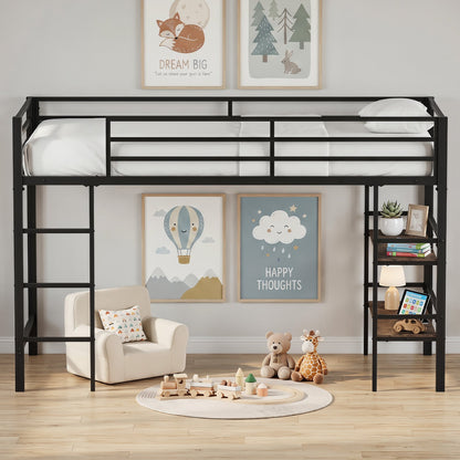 Single Metal Loft Bed with Storage Shelves and Guardrails and Ladder-Rustic Brown