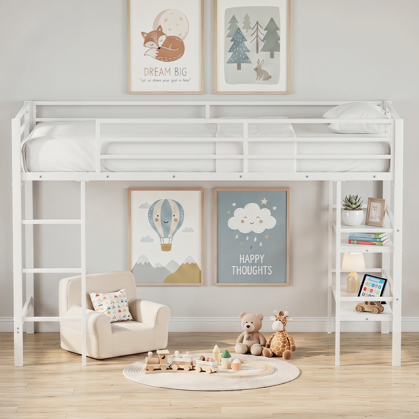 Single Metal Loft Bed with Storage Shelves and Guardrails and Ladder-White