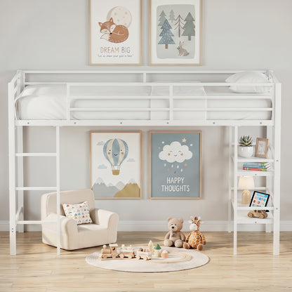 Single Metal Loft Bed with Storage Shelves and Guardrails and Ladder-White