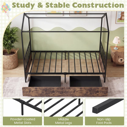 Single Size House Bed with 2 Drawers and Roof for Kids-Rustic Brown