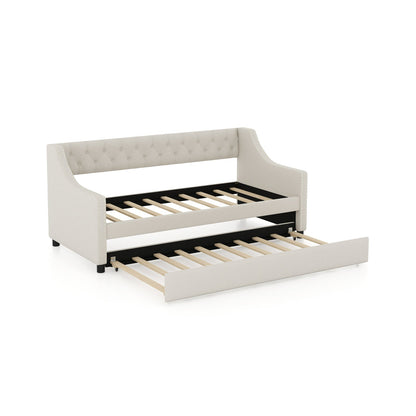 Single Size Trundle Bed Linen Upholstered Daybed with Backrest-Beige