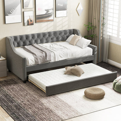 Single Size Trundle Bed Linen Upholstered Daybed with Backrest-Grey