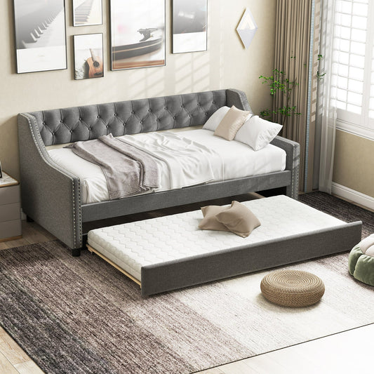 Single Size Trundle Bed Linen Upholstered Daybed with Backrest-Grey