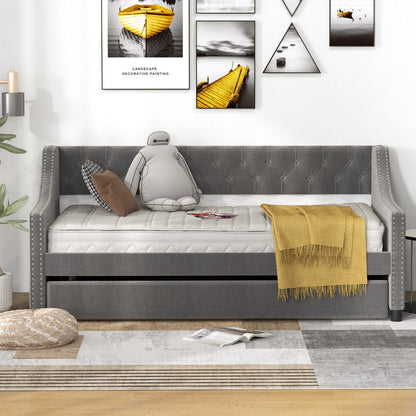 Single Size Trundle Bed Linen Upholstered Daybed with Backrest-Grey