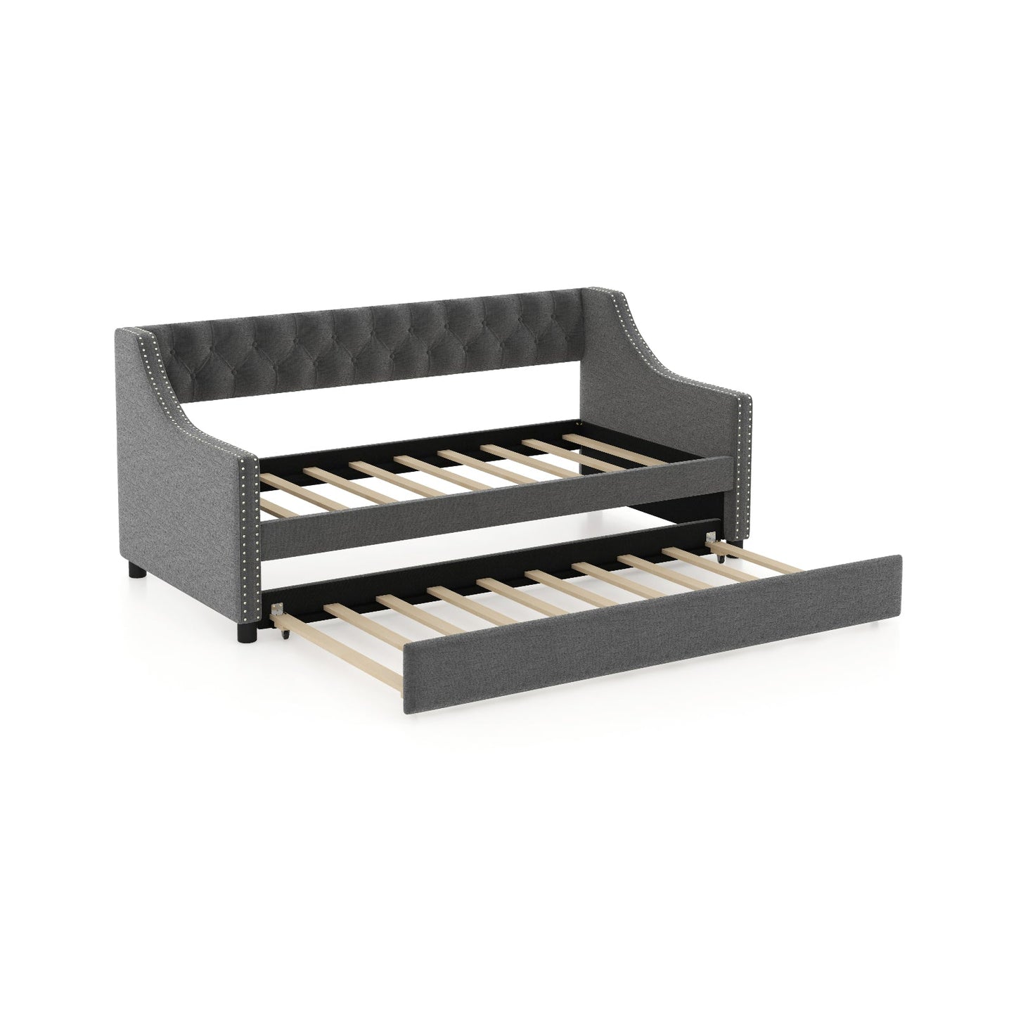 Single Size Trundle Bed Linen Upholstered Daybed with Backrest-Grey