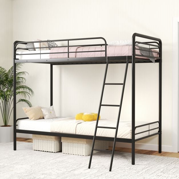 Single Bunk Bed with Ladder and Full-length Guardrails for Teens Adults-Black-Single Size