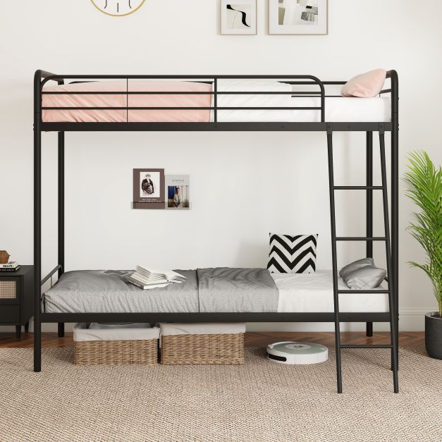 Single Bunk Bed with Ladder and Full-length Guardrails for Teens Adults-Black-Single Size