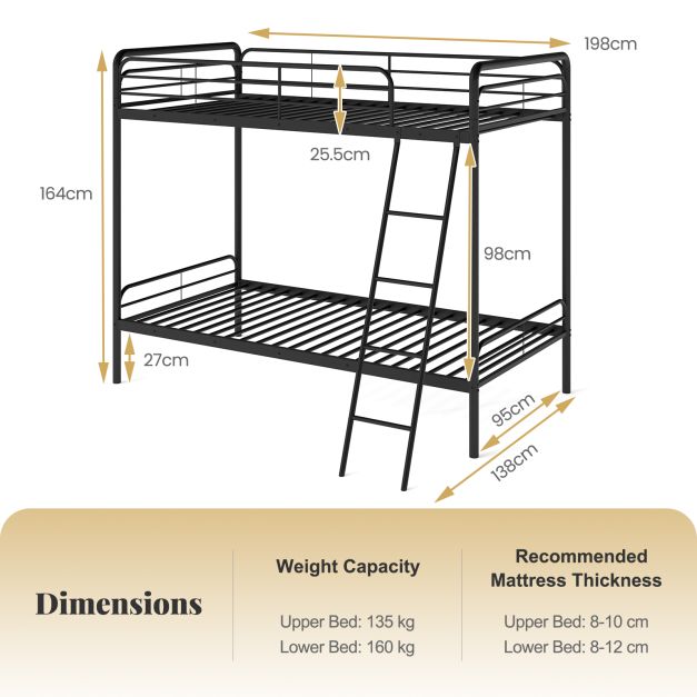 Single Bunk Bed with Ladder and Full-length Guardrails for Teens Adults-Black-Single Size