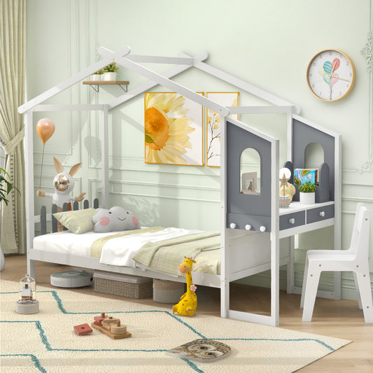 Single/Double House Bed Wood Montessori Bed Frame with Desk-Single Size
