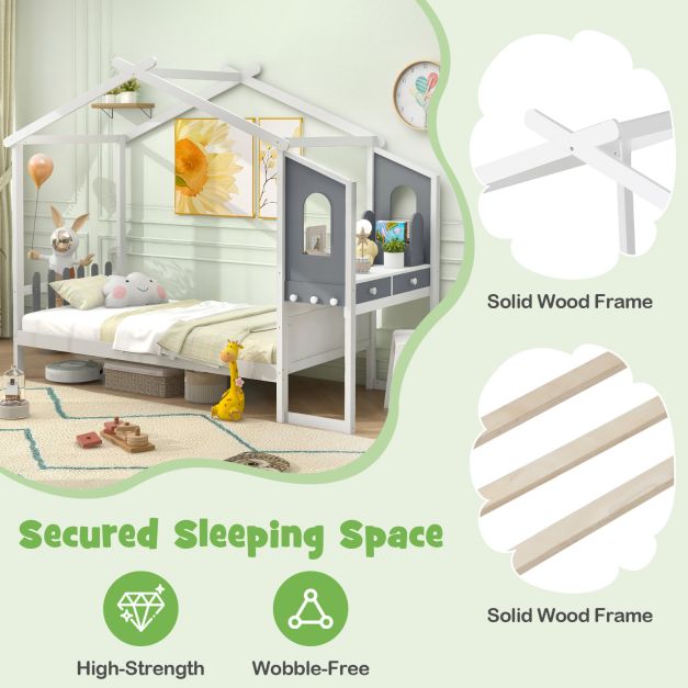 Single/Double House Bed Wood Montessori Bed Frame with Desk-Single Size