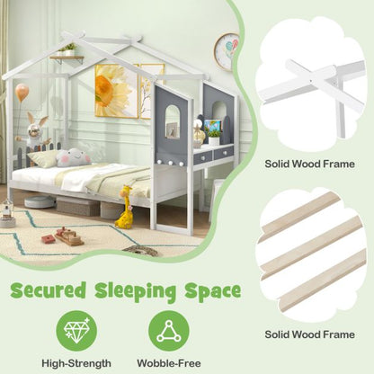 Single/Double House Bed Wood Montessori Bed Frame with Desk-Single Size