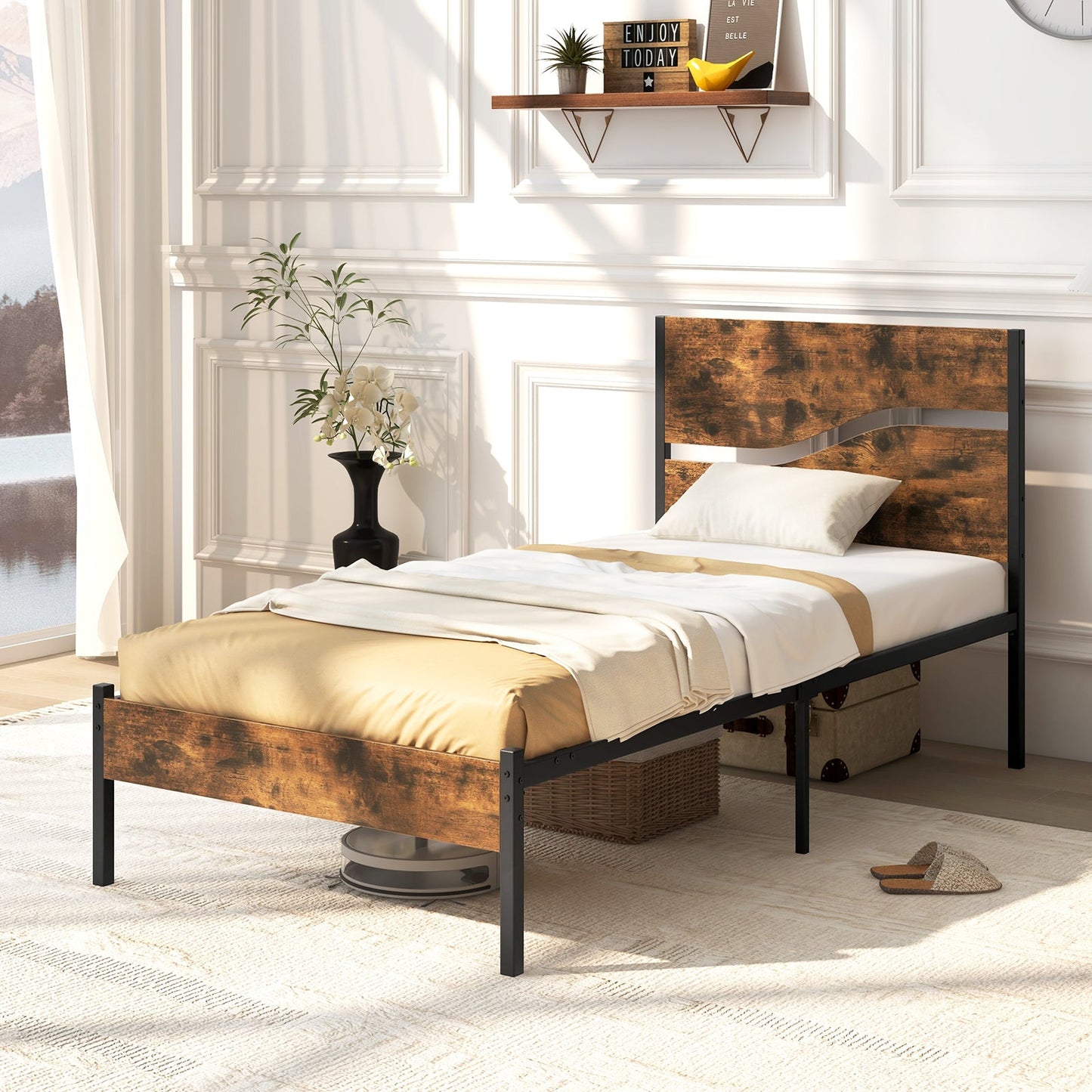 Single/Double/King Metal Bed Frame with Wooden Headboard and Footboard-Rustic Brown-Single Size