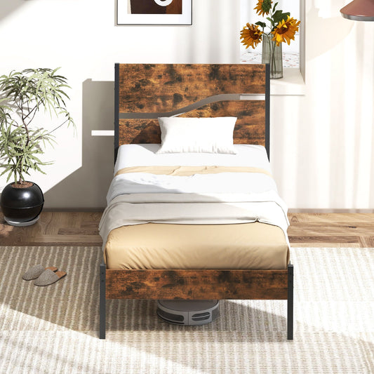 Single/Double/King Metal Bed Frame with Wooden Headboard and Footboard-Rustic Brown-Single Size