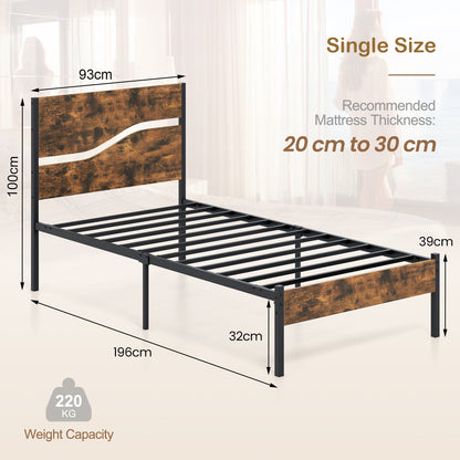 Single/Double/King Metal Bed Frame with Wooden Headboard and Footboard-Rustic Brown-Single Size