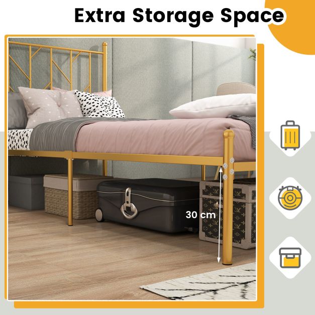 Single/Double Metal Platform Bed Frame with Headboard Black Golden-Single Size