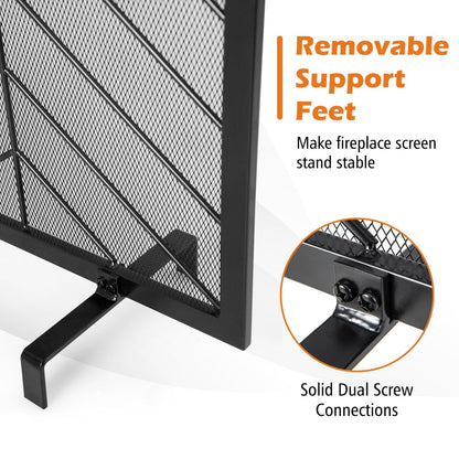 Single Panel Fireplace Screen with Detachable Support Feet and Metal Fame-Black