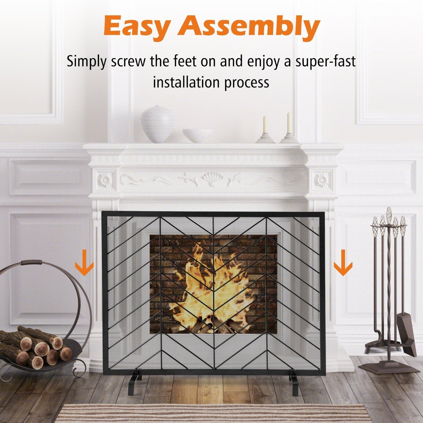 Single Panel Fireplace Screen with Detachable Support Feet and Metal Fame-Black