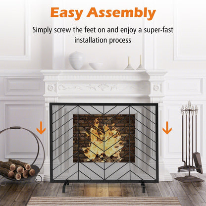 Single Panel Fireplace Screen with Detachable Support Feet and Metal Fame-Black