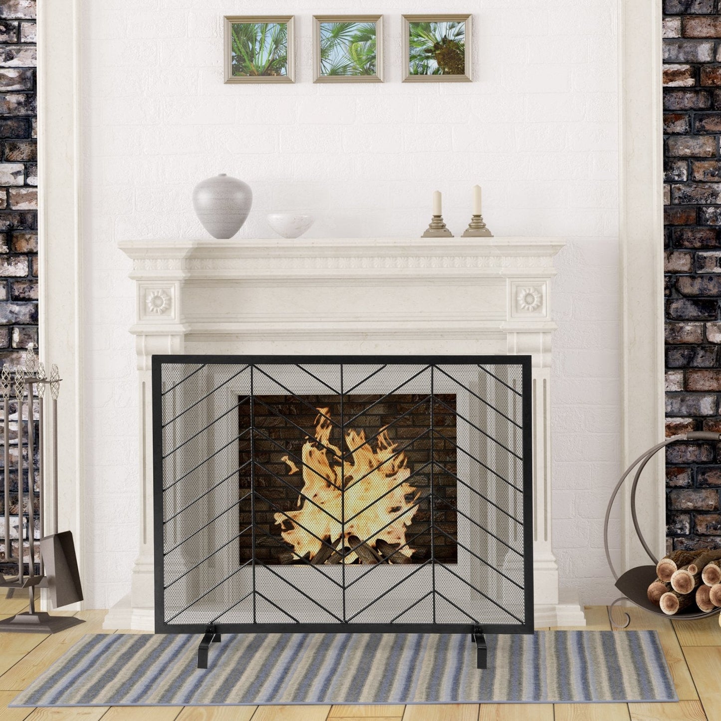 Single Panel Fireplace Screen with Detachable Support Feet and Metal Fame-Black