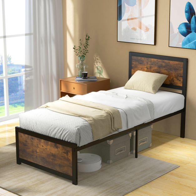 Single Size Bed Frame with High Headboard Metal Slats-S