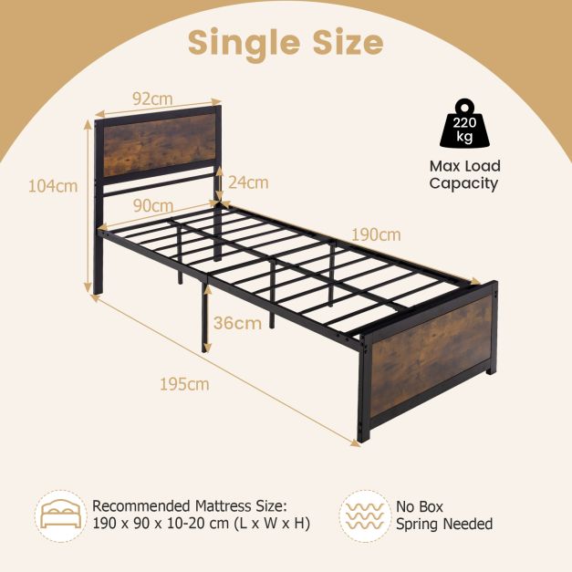 Single Size Bed Frame with High Headboard Metal Slats-S