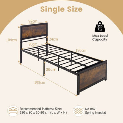 Single Size Bed Frame with High Headboard Metal Slats-S