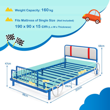 Single Size Car Shaped Kids Bed Frame with Upholstered Headboard