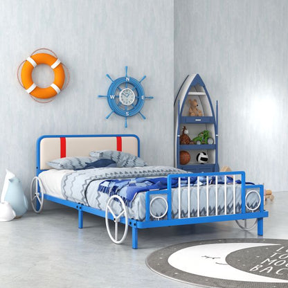 Single Size Car Shaped Kids Bed Frame with Upholstered Headboard
