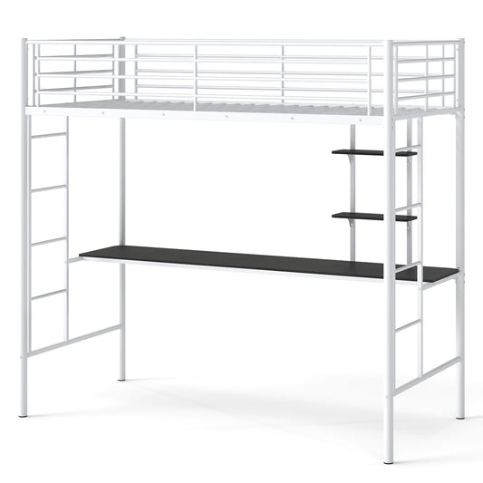 Loft Bed with Desk and Shelves Metal Loft Bed Frame-White